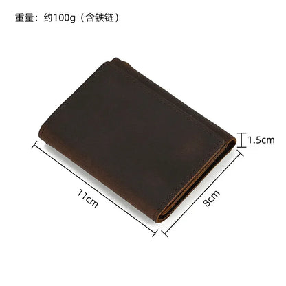 Men's Genuine Leather Short Wallet with Chain – Zipper Clutch, Trifold Purse, Card Holder & Coin Purse for Men