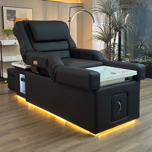 Modern Beauty Salon Shampoo Bed with Back Lift, Massage Headrest & Foot Spa Pedicure Station