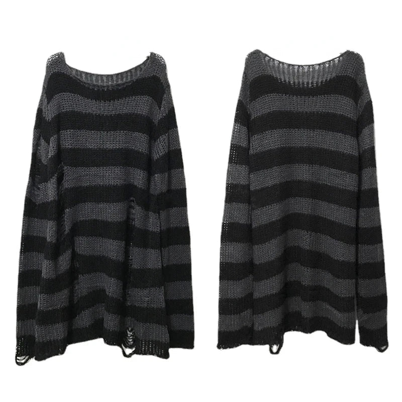 New Punk Gothic Long Unisex Sweater - Summer Striped Hollow Out Jumper, Loose Rock Thin Top for Women, Dark Streetwear