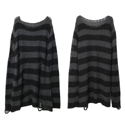 New Punk Gothic Long Unisex Sweater - Summer Striped Hollow Out Jumper, Loose Rock Thin Top for Women, Dark Streetwear