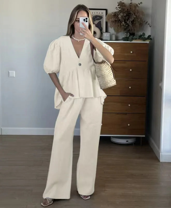 2025 Women’s Solid Color 2-Piece Set – V-Neck Bubble Sleeve Top & Long Pants Summer Casual Outfit Suit