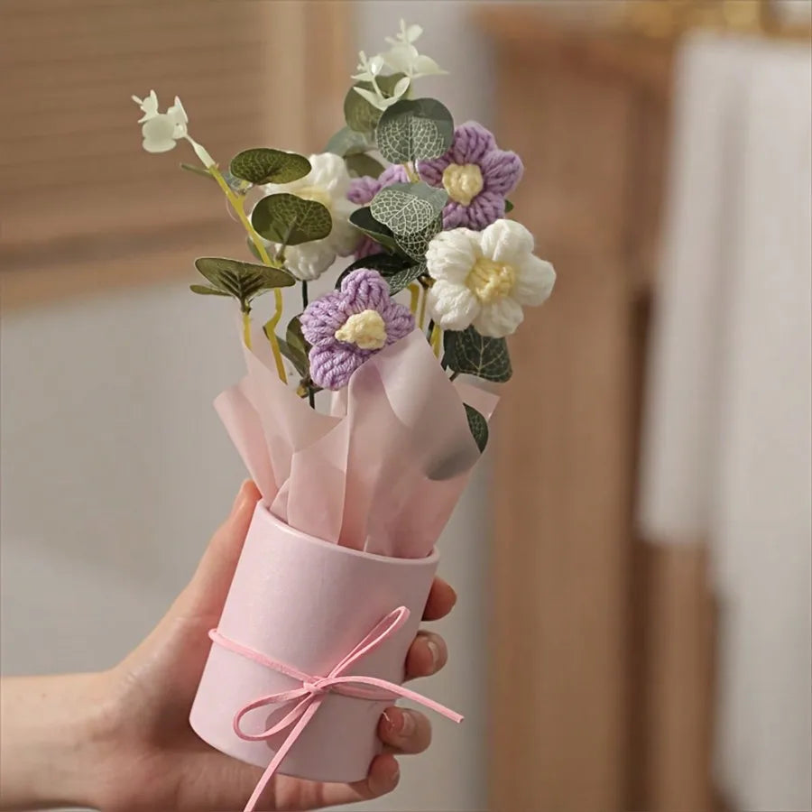 Handmade Crochet Wool Flower Bouquet – Artificial Yarn Flowers for Home Decor & Valentine’s Day Gift