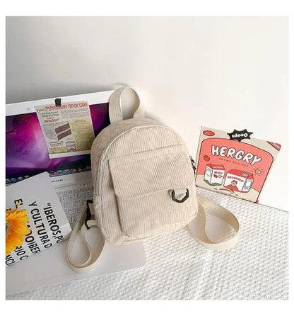 Women's Mini Backpack - Fashionable Solid Color Corduroy Casual Schoolbag with Large Capacity