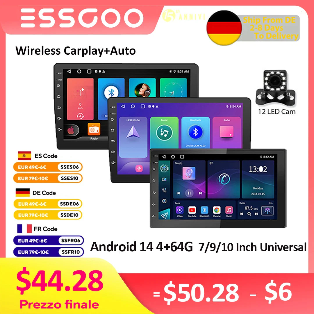 ESSGOO 2-Din Android Car Radio — 7/9/10" CarPlay Multimedia Player with GPS, Stereo Video Player for Tesla-Style, Nissan & Hyundai