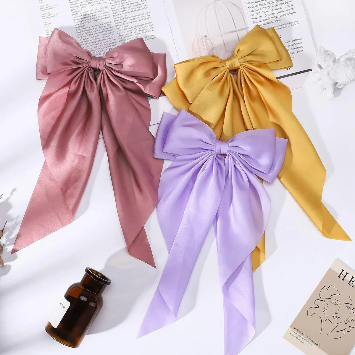 3-Piece Elegant Bow Ribbon Hair Clip Set: Fashionable Solid Satin Spring Hairpin Headbands with Clips - Women's Hair Accessories