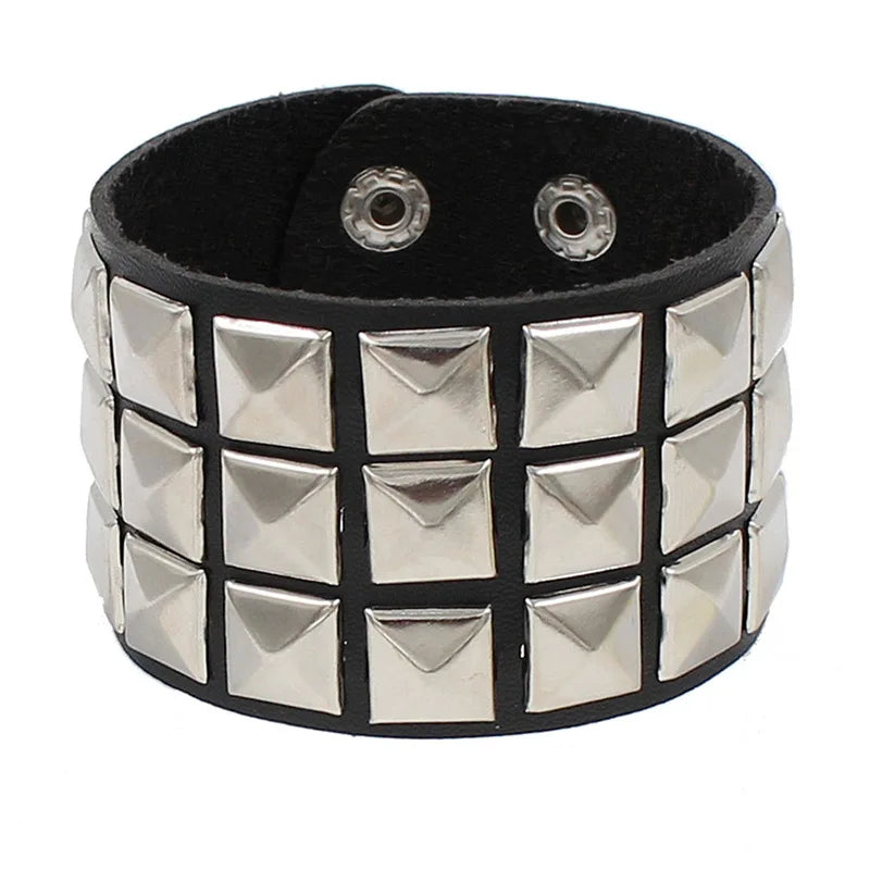 90s Punk Style Bracelet – PU Leather with 3 Rows of Spikes & Square Studs, Fashion Bangle for 2024