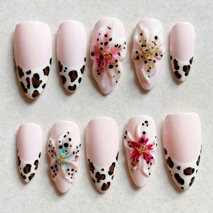 24PCS Strawberry Bow Press On Nails - Red Short Almond Pearl Starlight Floral False Nail Art Tips