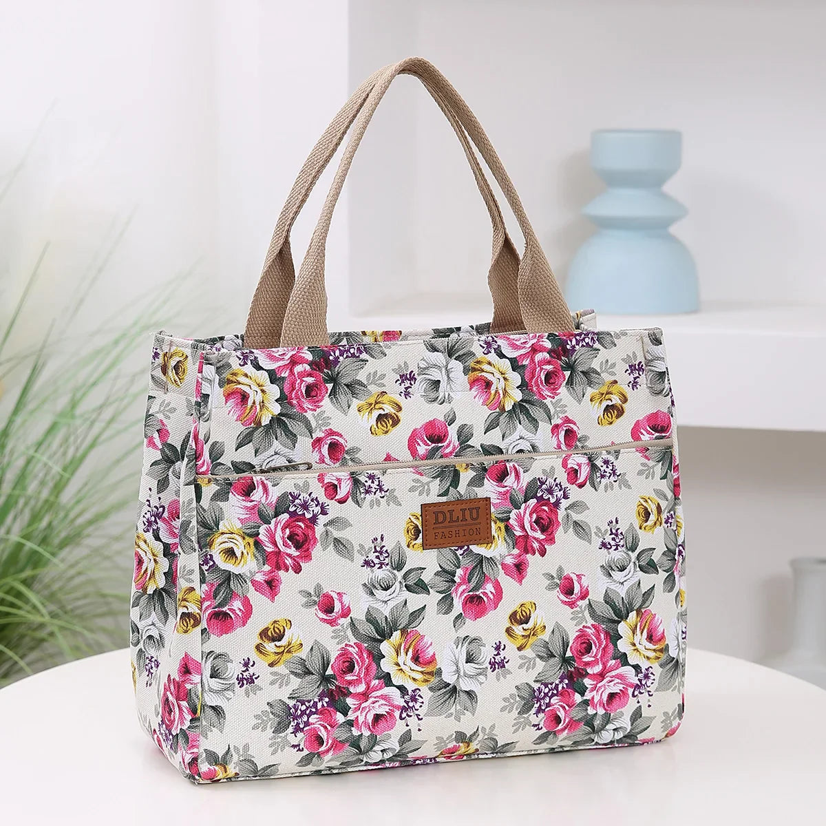 Women’s Floral Print Canvas Tote Bag – Portable Lunch Bag Casual Handbag Bento Mommy Bag for Picnic & Travel