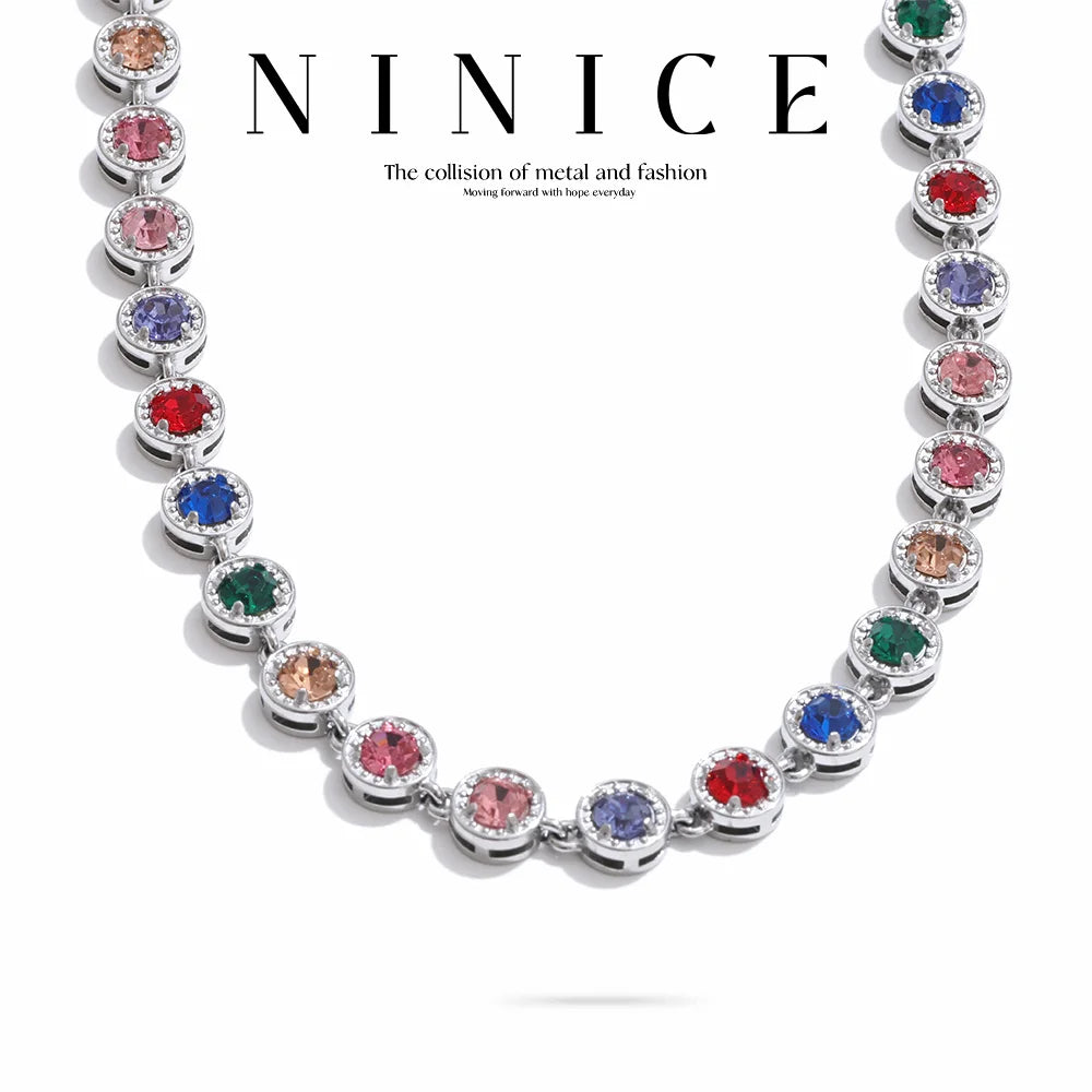 NiNice 316L Stainless Steel Jewelry Set – Colorful Cubic Zirconia Necklace and Bracelet, Exquisite Luxury Fashion Design