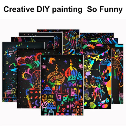 2 Pack Rainbow Scratch Paper Art Book: Children's DIY Rainbow Art Paper Card with Wood Stick - Neon Scratch Book