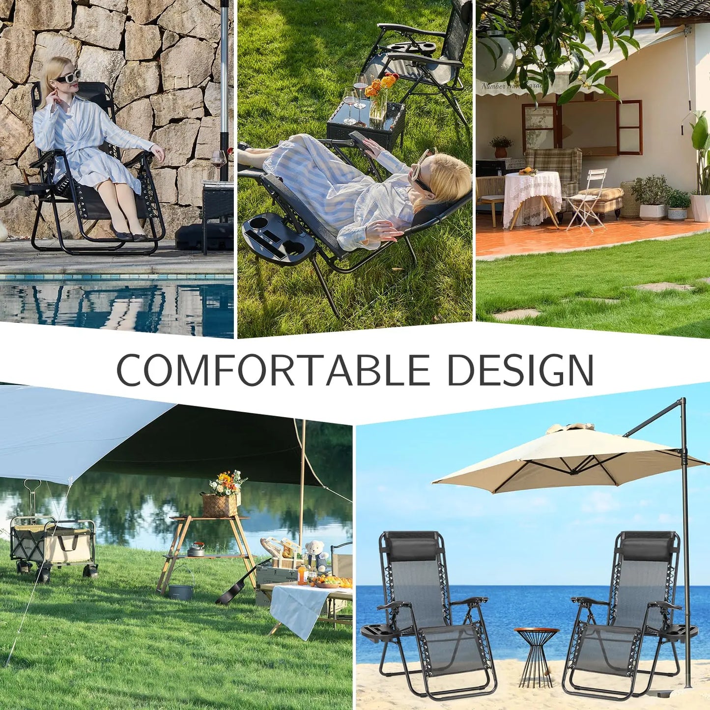 Zero Gravity Recliner Chairs Set of 2 — Portable Adjustable Outdoor Camping Patio Lounge with Cup Holders & Pillows