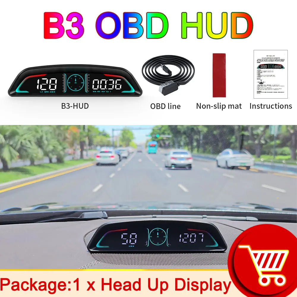 AD G3/B3 OBD2 GPS Head-Up Display – Smart Car HUD with Digital Speedometer, RPM, Water Temp, Clock & Security Alarm