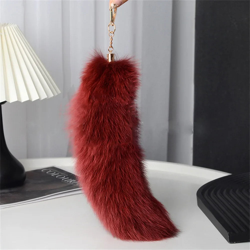 Natural Fox Fur Tail Keychain – 40cm Furry Racoon Bag Charm & Fluffy Keyring Accessory for Women