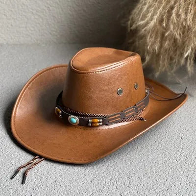 Faux Leather Western Cowboy Hat — Vintage Panama Sombrero Jazz Cap for Men & Women