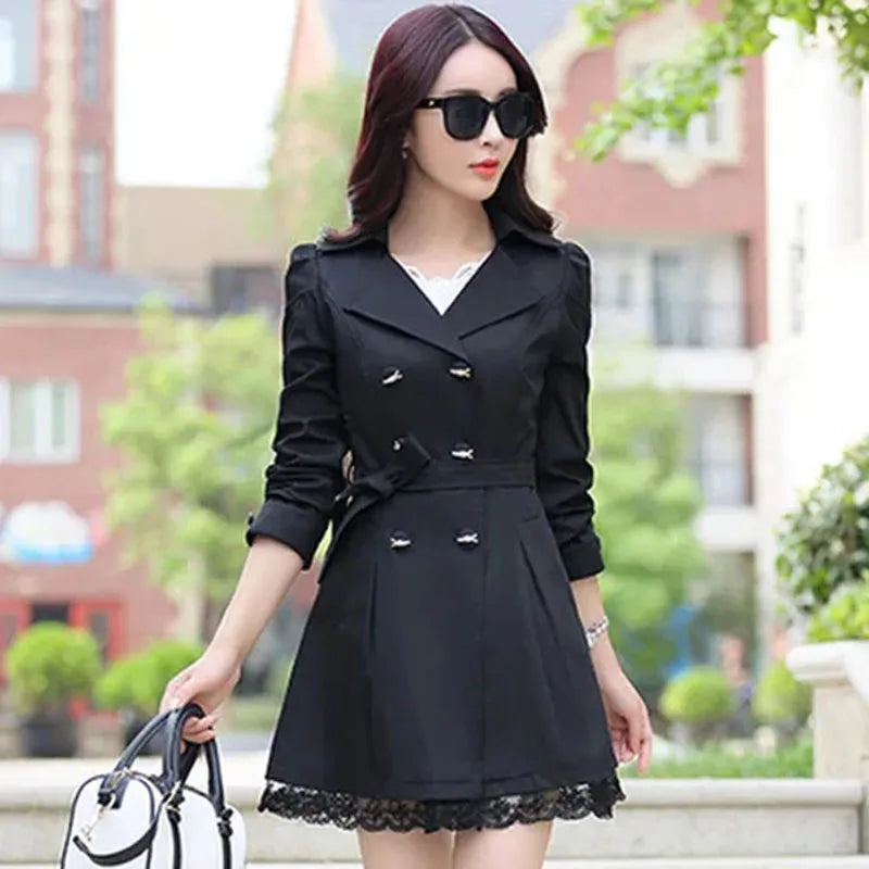 2025 Spring Autumn Women’s Slim Lace Trench Coat – Fashion Mid-Length Double-Breasted Windbreaker Outerwear