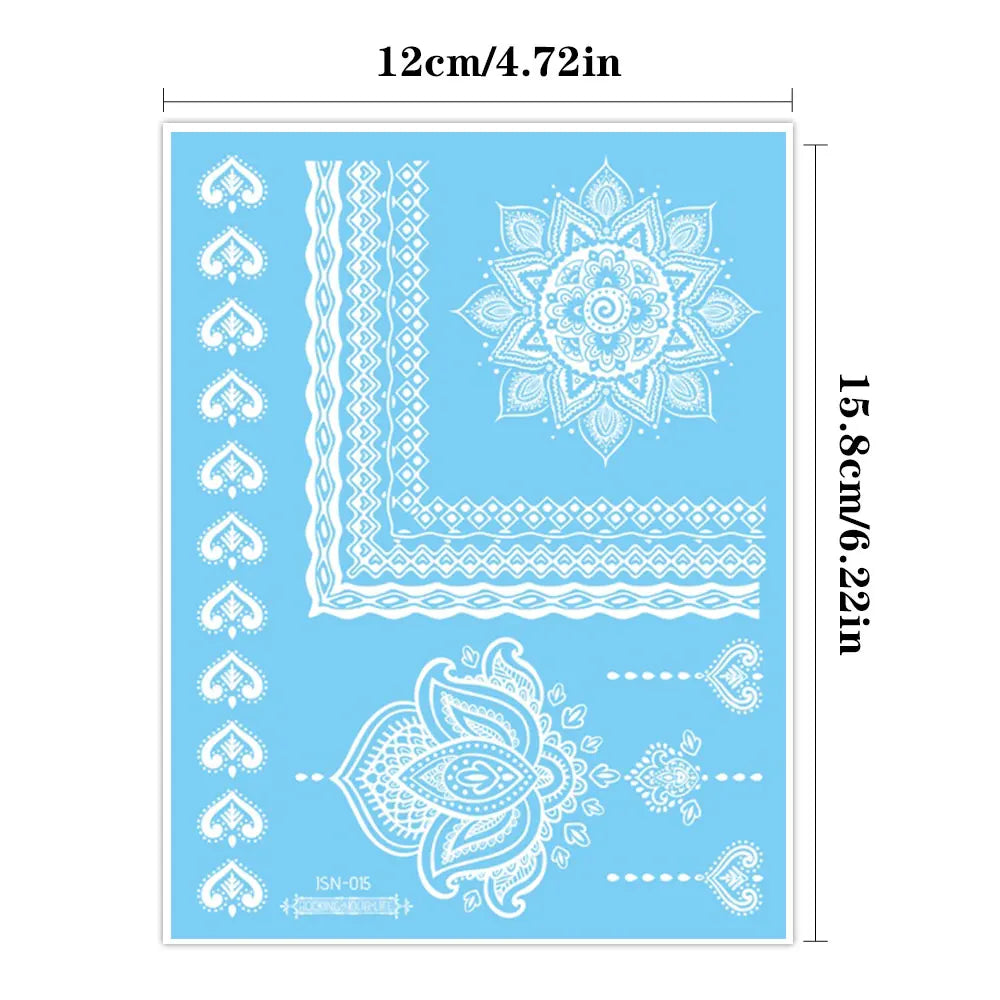 Blue Luminous Glow Henna Temporary Tattoo Stickers – Waterproof Mandala Lace Floral Body Art for Women & Men