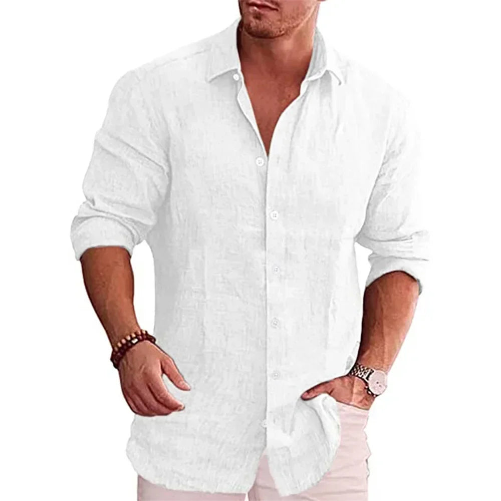 Men’s Cotton Linen Shirt - Long Sleeve Solid Color Casual Plus Size Autumn Top