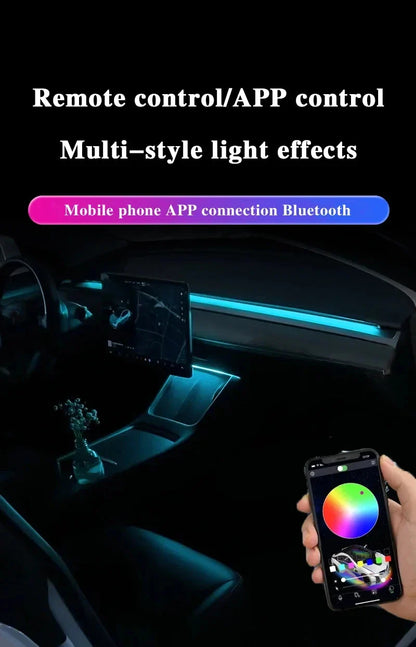 2-in-1 Dynamic Neon RGB Car LED Ambient Lighting – Auto OFF 60s Module for Tesla Model 3 & Y Dashboard Decoration