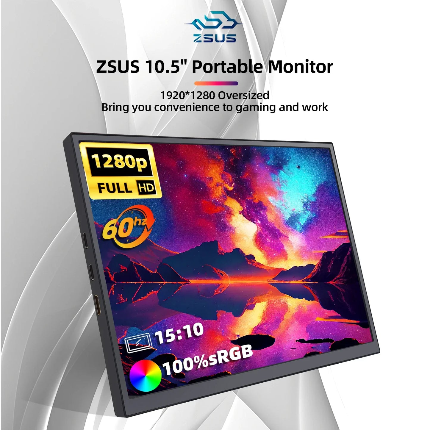ZSUS 10.5-Inch Portable Monitor — 1280P, 100% sRGB, 15:10, Low Blue Light, Compatible with Xbox, PS4/5, Switch, Phone & PC/Laptop Extension