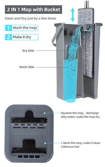 Hands-Free Flat Floor Mop & Bucket Set — Professional Home Cleaning System with Washable Microfiber Pads for Hardwood Floors