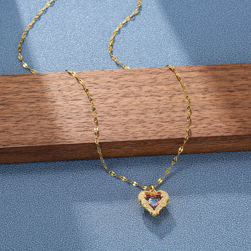 Top Luxury Colorful Crystal Ocean Heart Pendant Necklace – Trendy 316L Stainless Steel Jewelry for Women, Wedding Neck Chain
