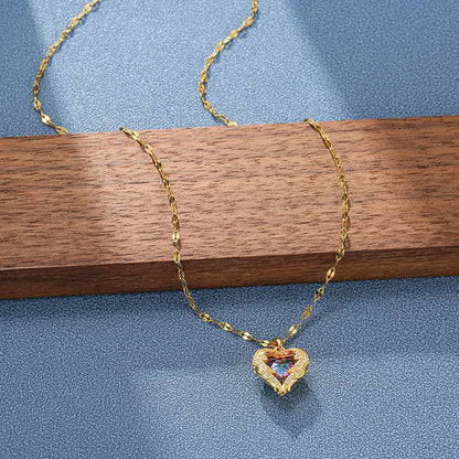 Top Luxury Colorful Crystal Ocean Heart Pendant Necklace – Trendy 316L Stainless Steel Jewelry for Women, Wedding Neck Chain