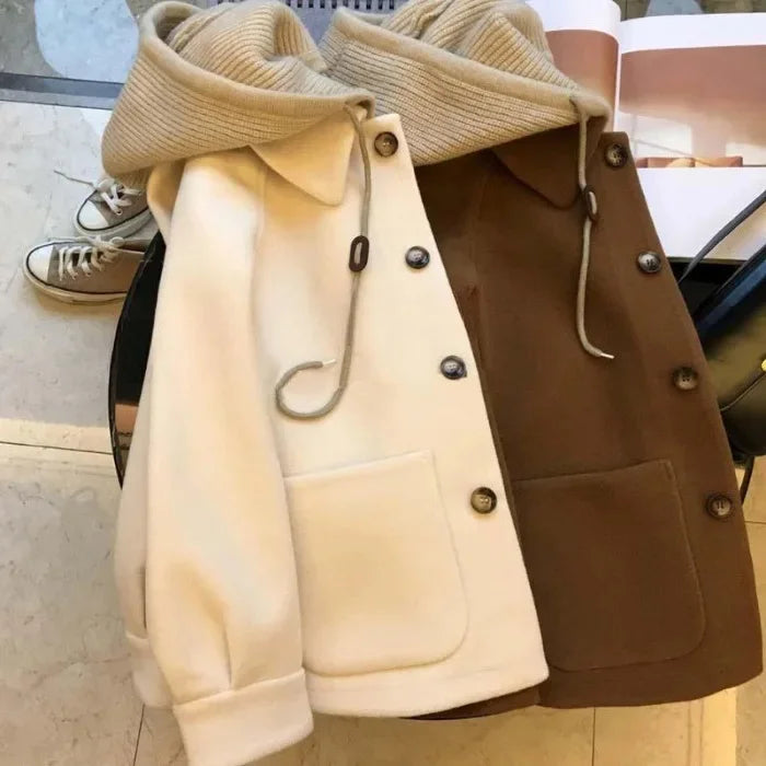 Plus Size Women’s Autumn Winter Jacket – Hooded Patchwork Fake Two-Piece Loose Coat, Stylish & Elegant Outerwear