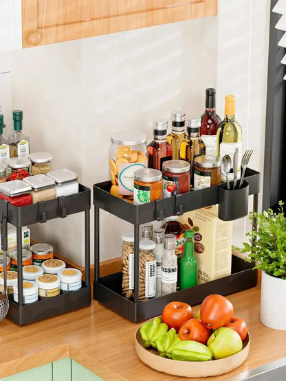 2-Tier Under Sink Sliding Cabinet Organizer — Basket Storage Rack with Hooks for Bathroom & Kitchen
