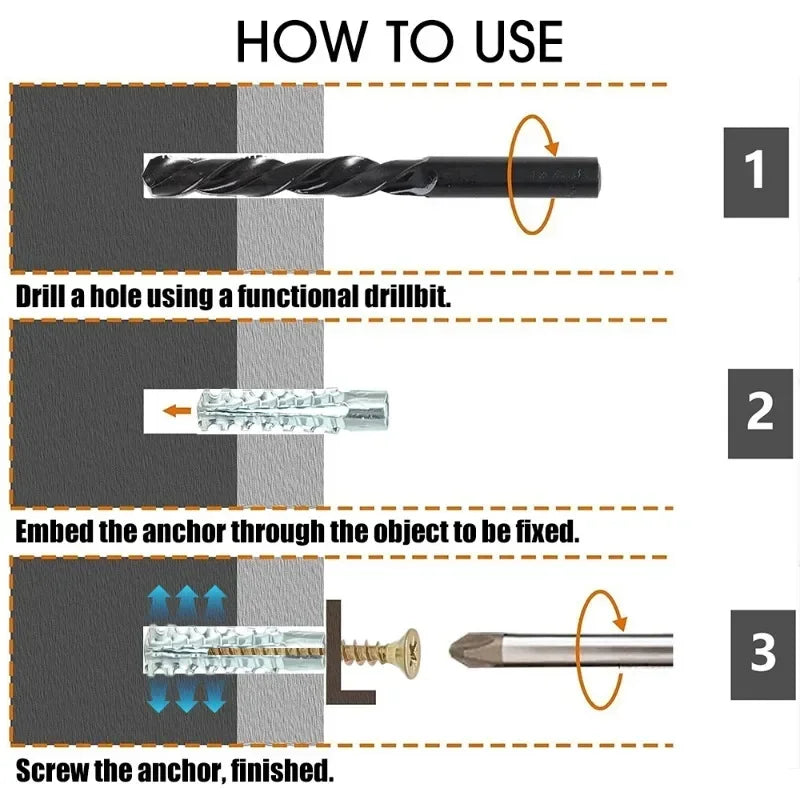 100/10 Sets Metal Serrated Expansion Tube with Self-Tapping Screws — Concrete Wall Anchor Bolt Kit