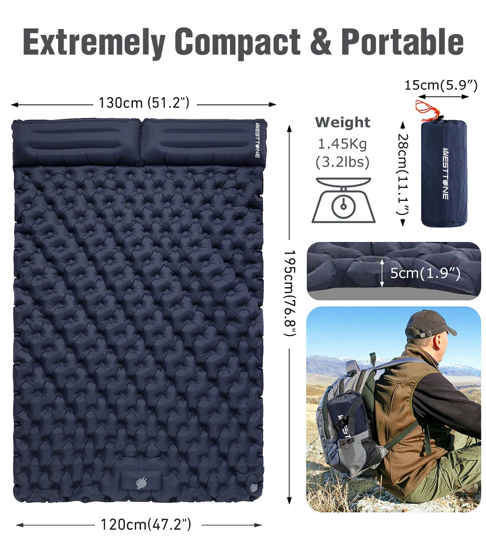 WESTTUNE Double Inflatable Air Mattress – Built-in Pillow Sleeping Pad for Camping, Travel, and Hiking