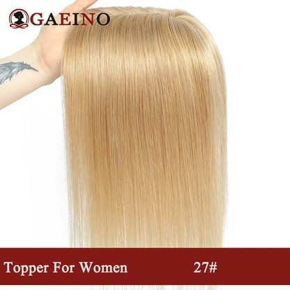 Straight Human Hair Topper With Bangs - Silk Base Clip In Real Hair Extension For Women Chocolate Brown Light Brown