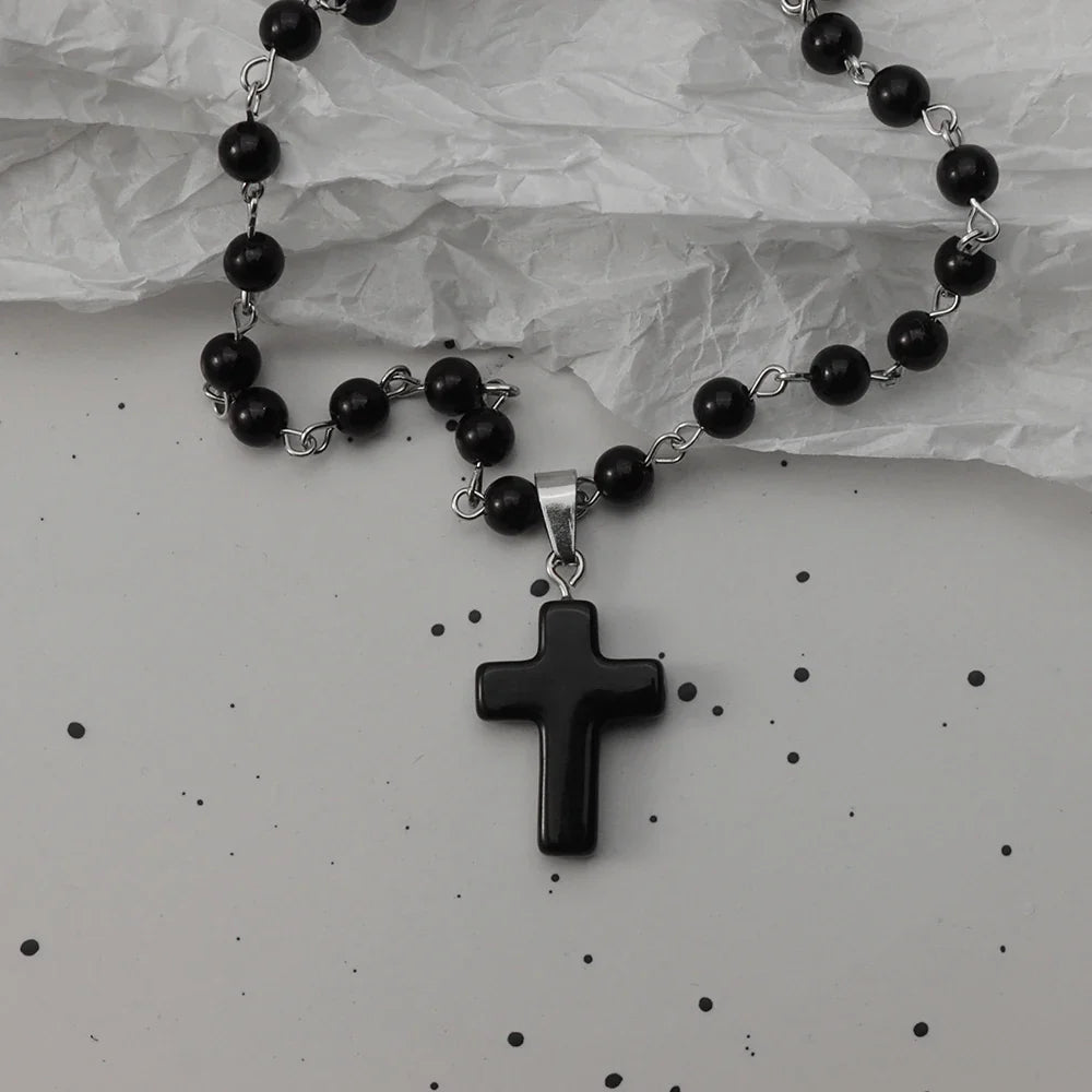 Gothic Bat Cross Necklace Set - Y2K Thorn Love Black Beaded Layered Jewelry for Halloween Parties