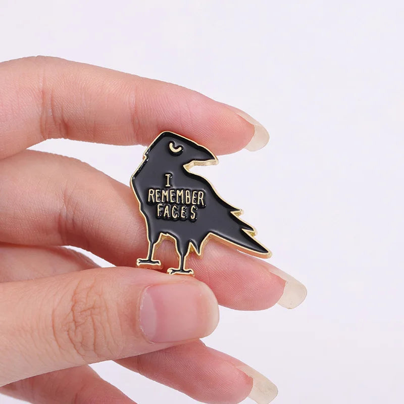 I Remember Faces Black Crow Enamel Pin – Animal Bird Metal Lapel Brooch for Backpacks & Jewelry Accessories