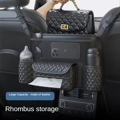 Premium Leather Car Seat Organizer: Luxury Middle Hanger Storage Bag for Auto Handbag, Tissue, Water Cup & More - Seat Gap Storage Solution