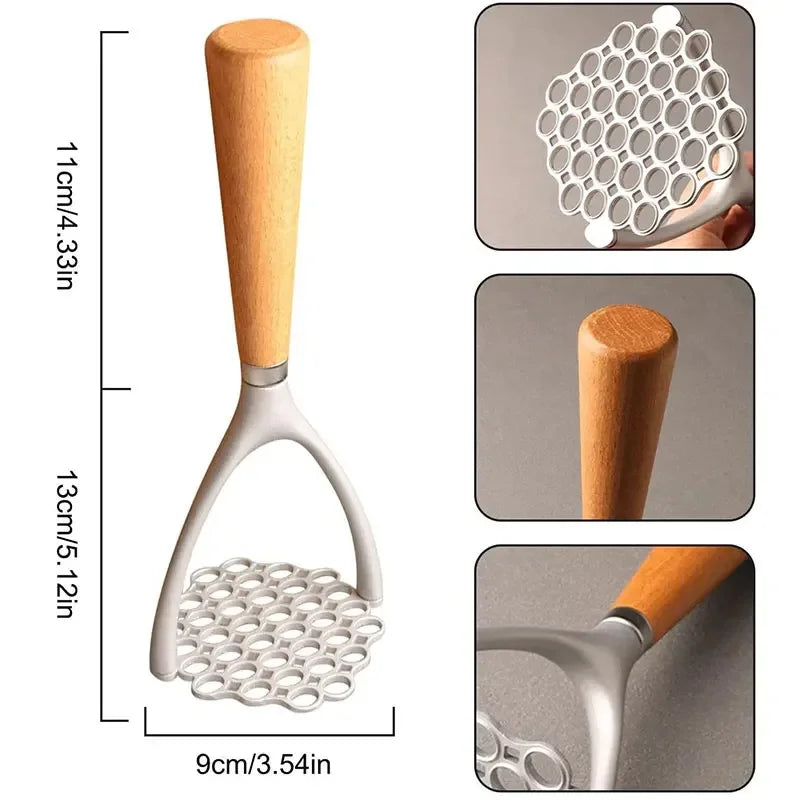 Aluminum Potato Masher & Meat Press - Wooden Handle Manual Kitchen Crusher & Garlic Masher