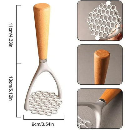 Aluminum Potato Masher & Meat Press - Wooden Handle Manual Kitchen Crusher & Garlic Masher