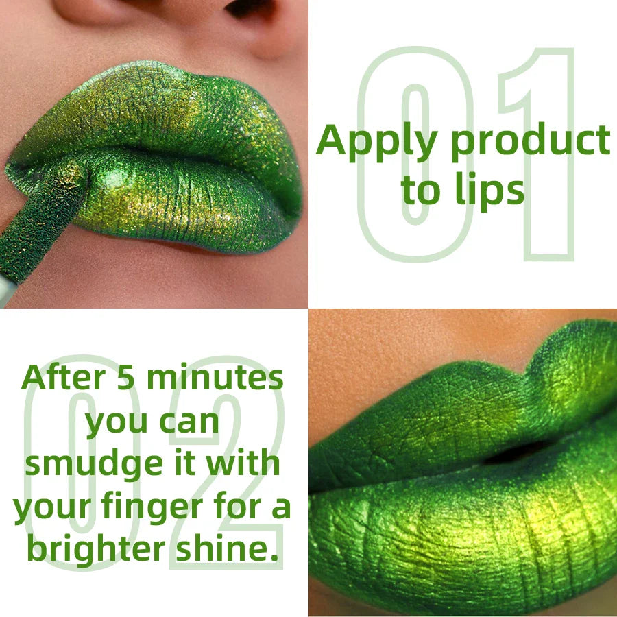 Green Glitter Lip Glaze – Waterproof, Long-Lasting Metallic Lip Gloss with Bold Pearlescent Tint Makeup