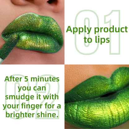 Green Glitter Lip Glaze – Waterproof, Long-Lasting Metallic Lip Gloss with Bold Pearlescent Tint Makeup