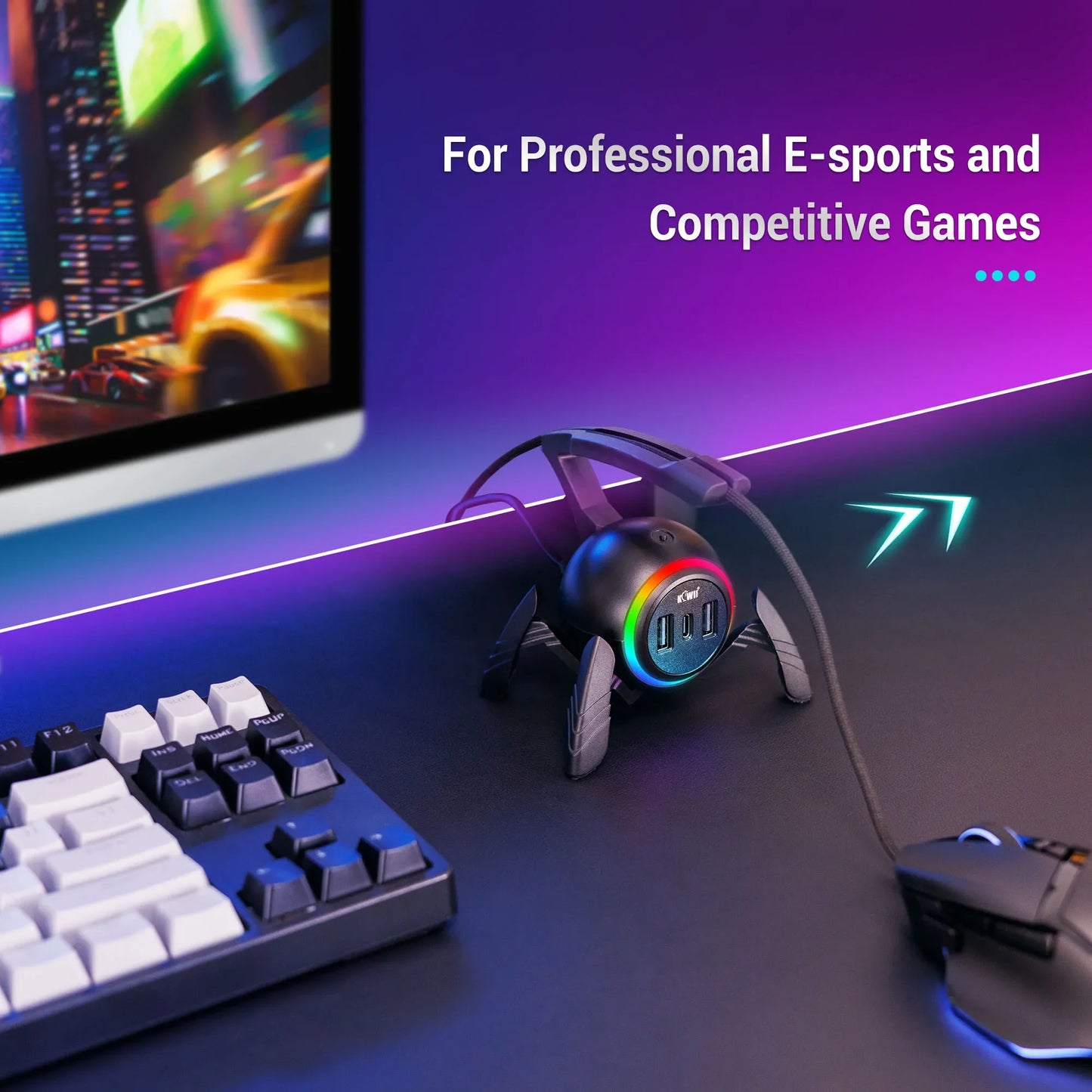 RGB Mouse Bungee with USB Hub – Flexible Mouse Cable Holder and Cord Organizer for Gaming and Esports