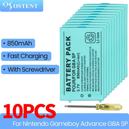 OSTENT 10PCS 3.7V 850mAh Rechargeable Battery Pack with Screwdriver — Replacement for Nintendo Gameboy Advance GBA SP