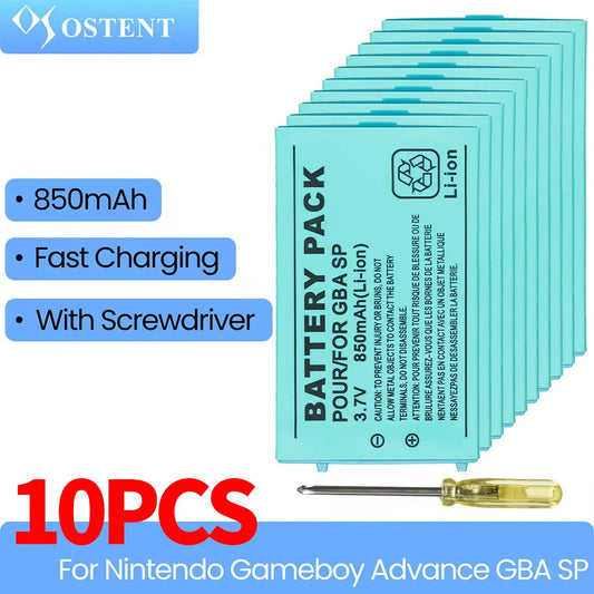 OSTENT 10PCS 3.7V 850mAh Rechargeable Battery Pack with Screwdriver — Replacement for Nintendo Gameboy Advance GBA SP