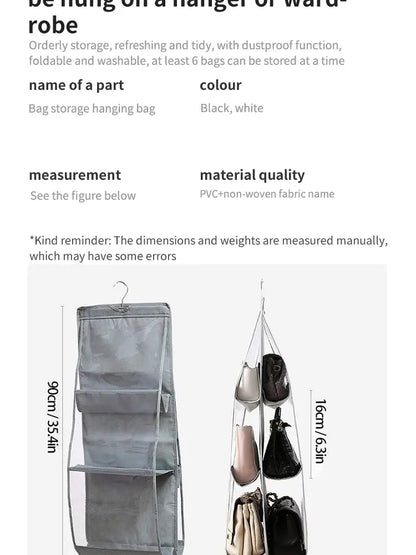6-Pocket Hanging Handbag Organizer – Gray Waterproof Storage Bag with Hanger for Closet, Door & Wall