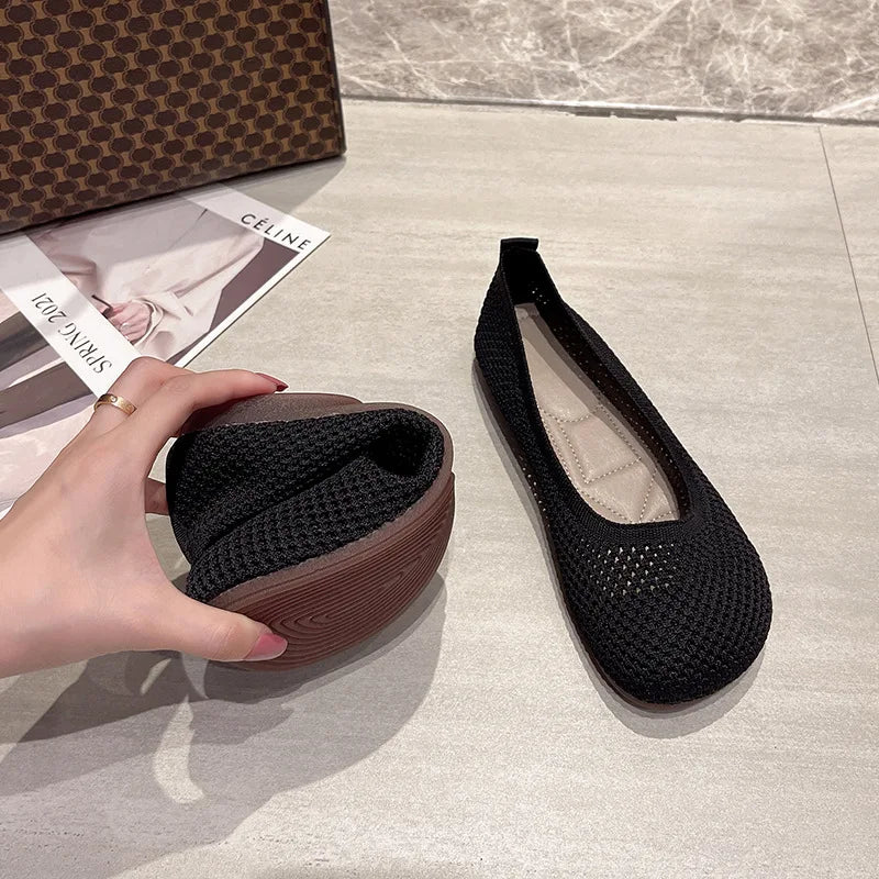 Big Size 42 Women’s Knitted Breathable Flats – Soft Bottom Casual Slip-On Ballet Loafers and Boat Shoes