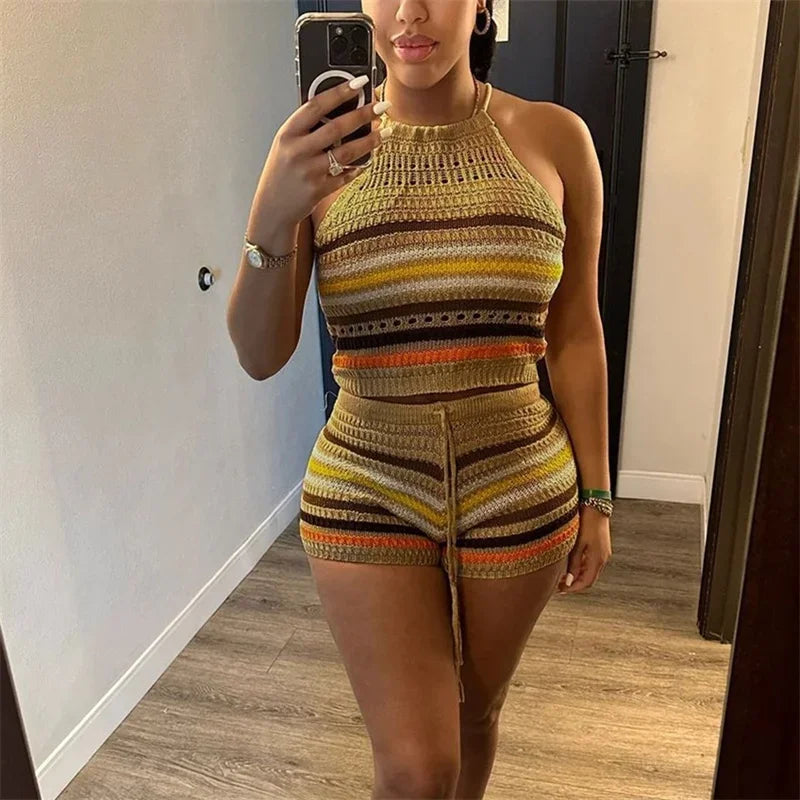 Women’s Rainbow Striped Knit 2-Piece Set – Halter Lace-Up Backless Top & Slim Fit Shorts Casual Outfit