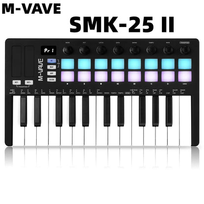 M-VAVE SMK-25 II MIDI Controller Keyboard – 25-Key USB Mini, 16 RGB Drum Pads, 8 Knobs, Music Production Software Included