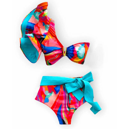 Sporlike V-Neck Ruffled Bikini Set – High Waist Sexy Printed Two-Piece Swimsuit for Women 2025