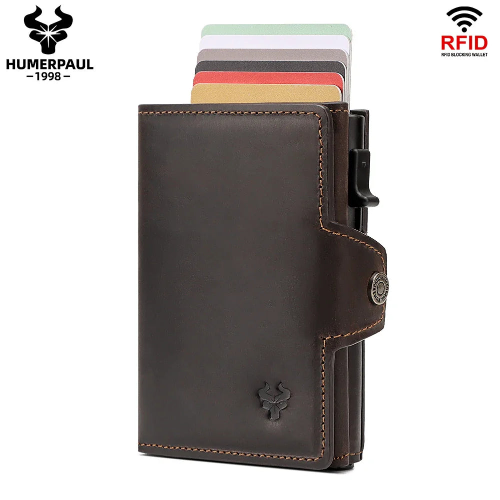 HUMERPAUL Men’s Pop-Up Card Holder – Crazy Horse Leather RFID Blocking Slim Wallet with Money Pocket & Metal Bank Card Case