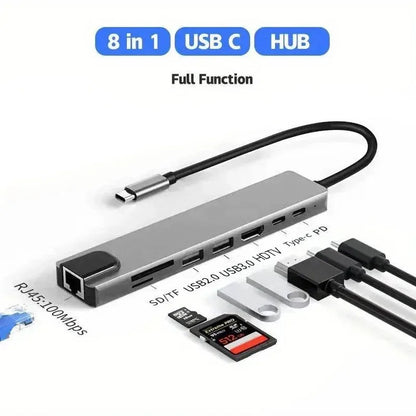 8-in-1 USB Type-C Hub Adapter – 4K HDMI, SD/TF Card Reader, RJ45, PD Fast Charging for MacBook & Notebook