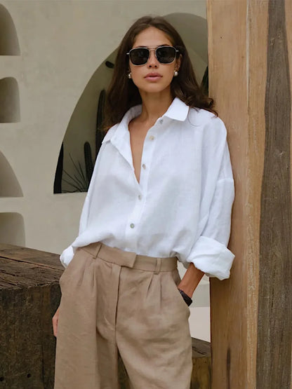 Bornladies Women’s 100% Cotton Loose Casual Shirt – Solid Color Versatile Spring Summer Cardigan Style Top