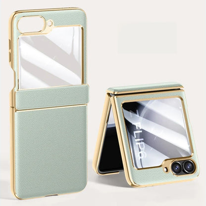 Electroplated Leather Case for Samsung Galaxy Z Flip 6/5 – Skin-Friendly Shockproof Hinge Cover with Tempered Film